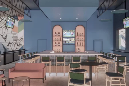 New Orleans Opening Historic Pickleball Venue with Bar, Restaurant, Indoor & Outdoor Courts The Exchange Pickleball + Bar rendering
