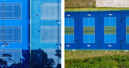 9 Tennis Court Conversion Ideas An aerial view of a tennis court and a pickleball court