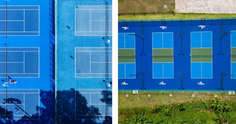 9 Tennis Court Conversion Ideas An aerial view of a tennis court and a pickleball court