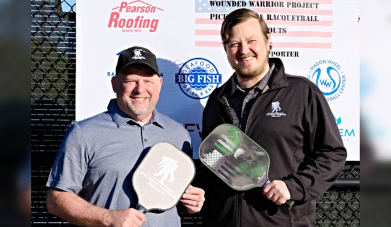 Community supporter Mark Waldorf (l) with Marine vet Nick Morrison at the WWP Pickleball & Racquetball Shootouts, Coppell, Texas - image taken from woundedwarrior.org