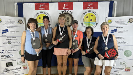 Women's 50+ 3.0 Doubles Winners Podium at The River City Pickleball Classic - image courtesy of The River City Pickleball Club on facebook