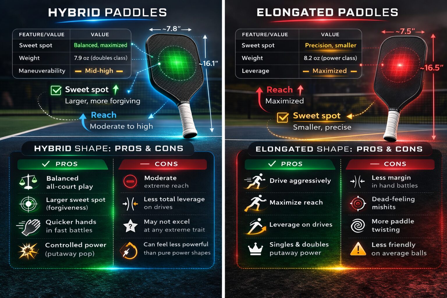 elongated vs hybrid paddles