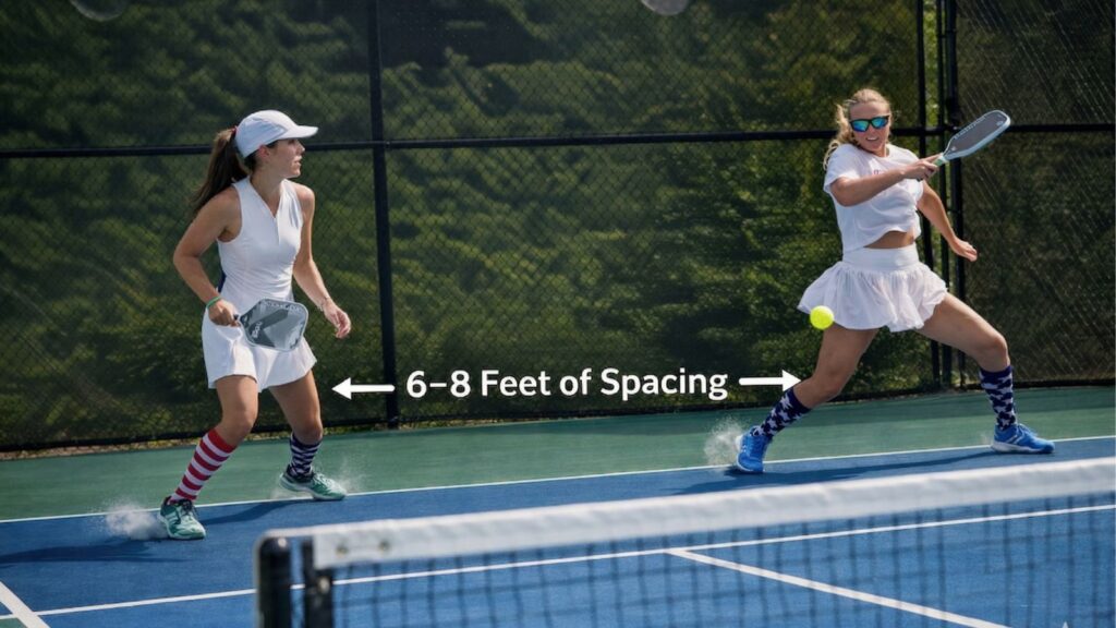 What Should You Actually Do When Your Partner Won’t Come to the Kitchen? 2 USA Pickleball’s positioning guidance says the goal is to move through the transition zone quickly and establish at the kitchen line, while staying linked with your partner and maintaining 6–8 feet of spacing.