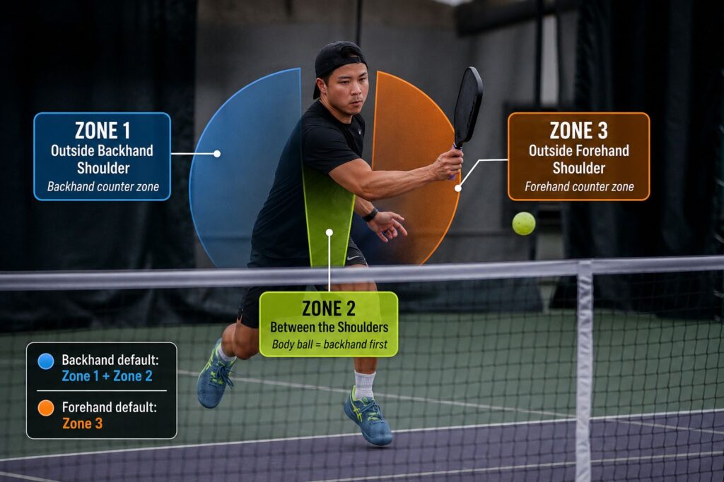 A lot of players want to use their forehand because it feels stronger. But when the ball comes into the middle of the body, the forehand can actually be slower and more awkward.