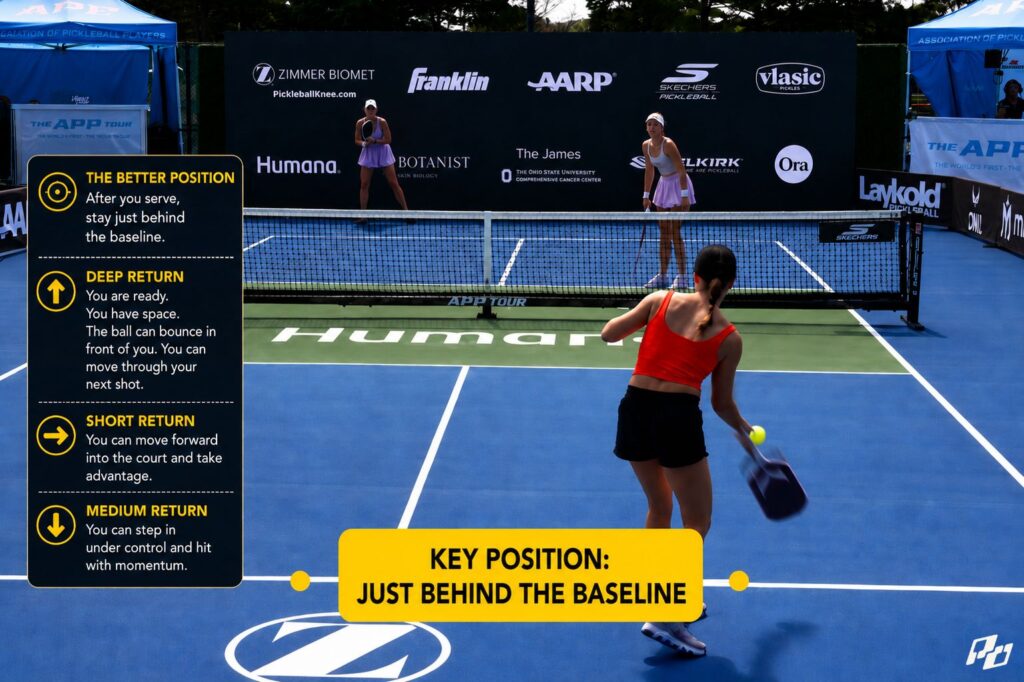 stay behind baseline after serve