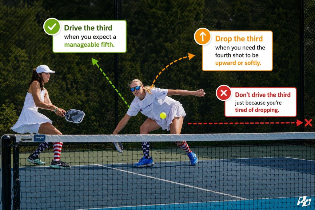 what shot to choose in pickleball after the return, drive or drop