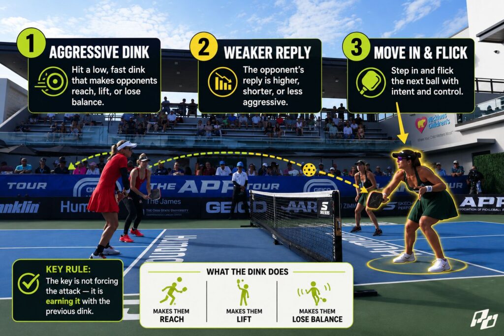 The Kitchen Pattern That Creates More Attacks Without Swinging Harder 1 The pickleball dink-to-flick pattern