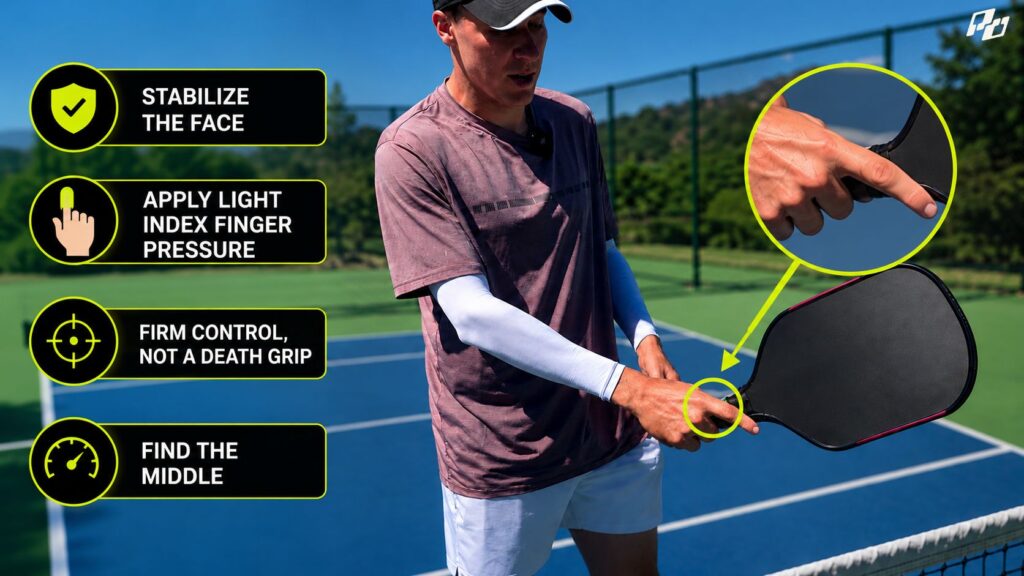 How to Win Pickleball Firefights Without Just Having “Faster Hands” 2 holding index finger on pickleball paoddle