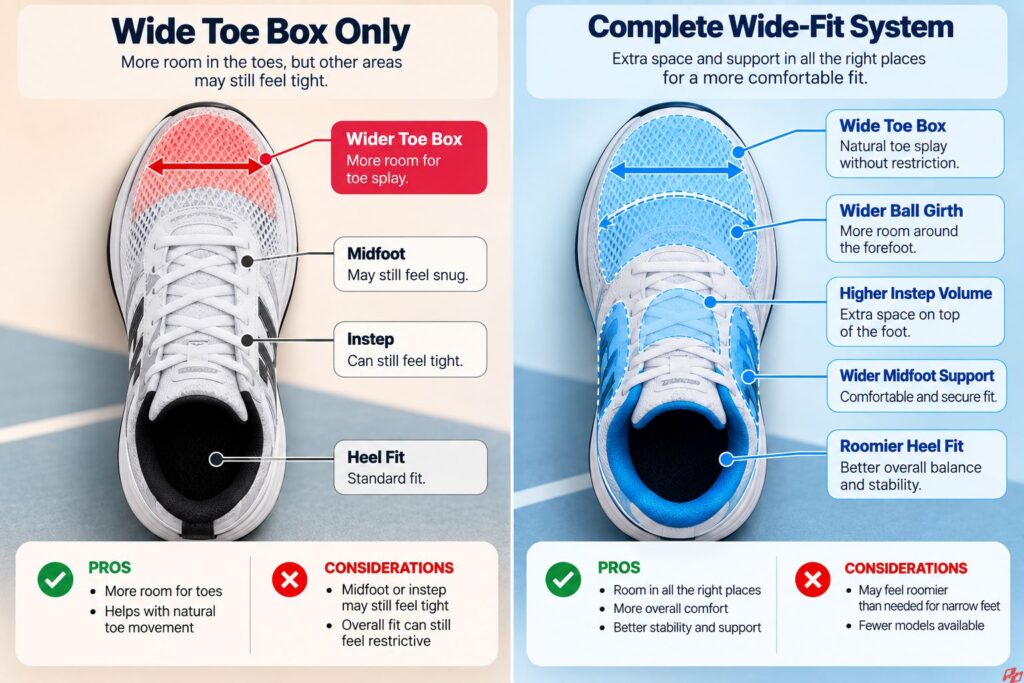 wide toe box vs wide fit pickleball shoes