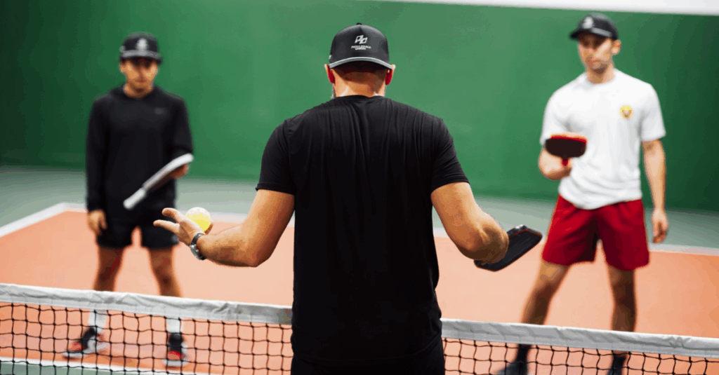 pickleball coach marko grgic with two students
