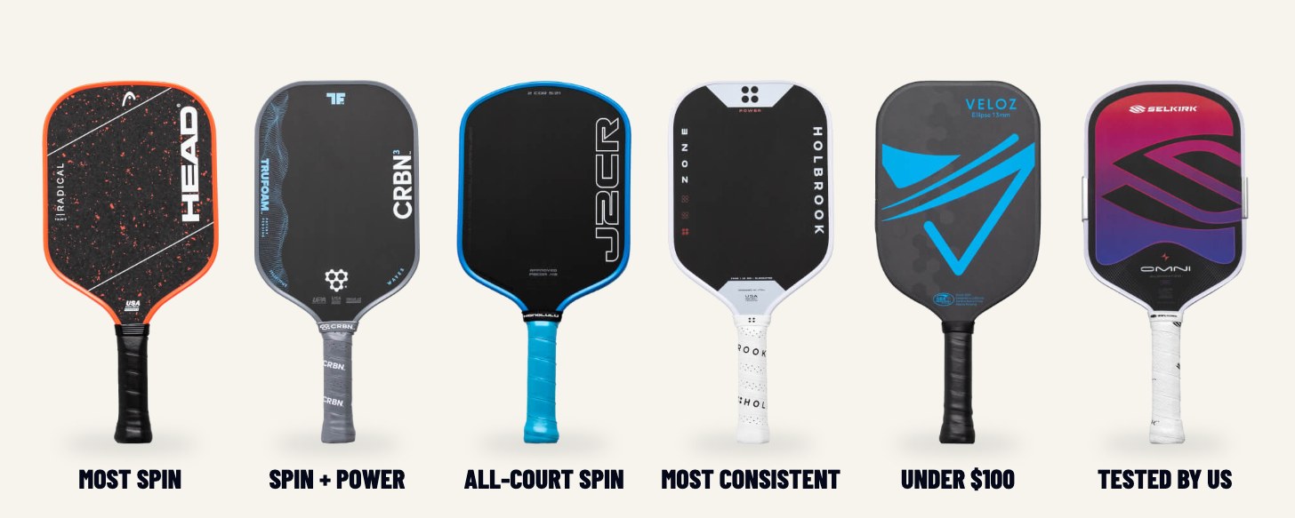 The six best pickleball paddles for spin in 2026: HEAD Radical Tour, CRBN3 TruFoam Waves, Honolulu J2CR Extended Handle, Holbrook Zone Power, ProXR x Veloz Ellipse 13mm and Selkirk OMNI Elongated