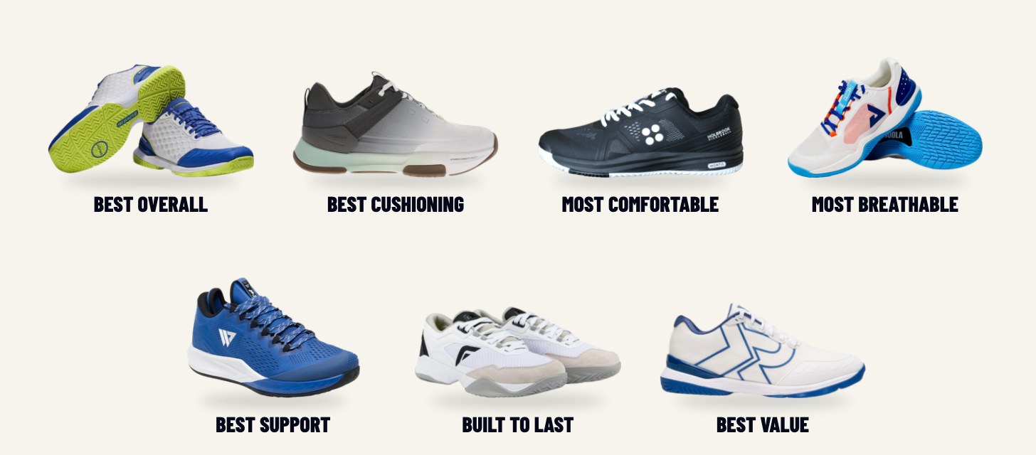 The seven best pickleball shoes of 2026 from Pickleball Union testing: SQAIRZ XRZ2, PB5Star Court 2, Holbrook by Montis, JOOLA R4LLY, Winners Edge P38 Lightning, Franklin ACV Pro and SQAIRZ XRZ