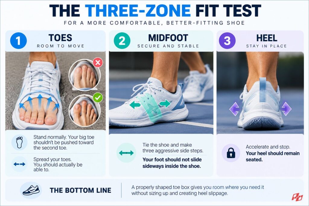 the three zone fit test for pickleball shoes